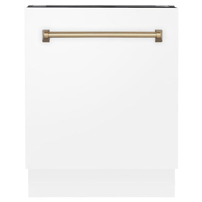 ZLINE Autograph Edition 24 in. 3rd Rack Top Control Tall Tub Dishwasher in White Matte with Champagne Bronze Accent Handle, 51dBa (DWVZ-WM-24-CB)