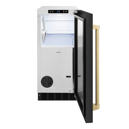 ZLINE Autograph Edition 15 in. Touchstone Gourmet Ice Maker with Drain Pump and Black Stainless Steel Door with Champagne Bronze Handle (IGMDZ-BS-15-CB)