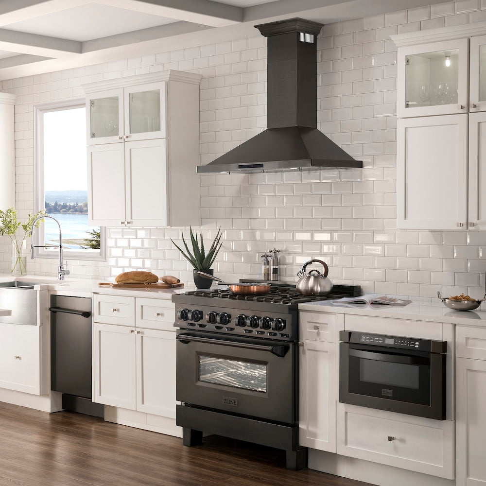 ZLINE 30 in. Convertible Vent Wall Mount Range Hood in Black Stainless Steel with Crown Molding (BSKBNCRN-30)