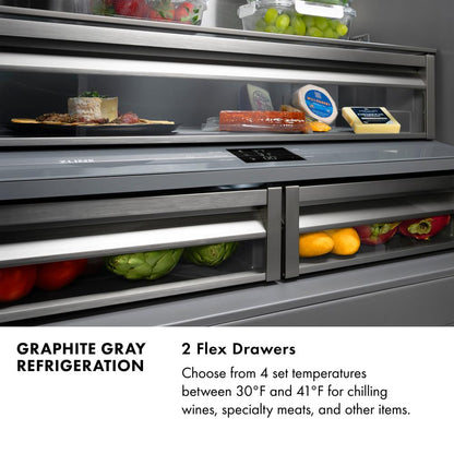 ZLINE Autograph Edition 36 in. 19.6 cu. ft. French Door Built-In Bottom Freezer Refrigerator with Water Dispenser and Ice Maker in White Matte with Graphite Gray Interior and Polished Gold Accents (GRBIVZ-WM-36-G)