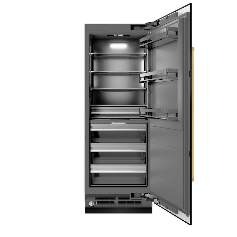 ZLINE Autograph Edition 30 in. 16.7 cu. ft. Column Refrigerator in Black Stainless Steel with Graphite Gray Interior and Polished Gold Accents (RCRVZ-BS-30-G)