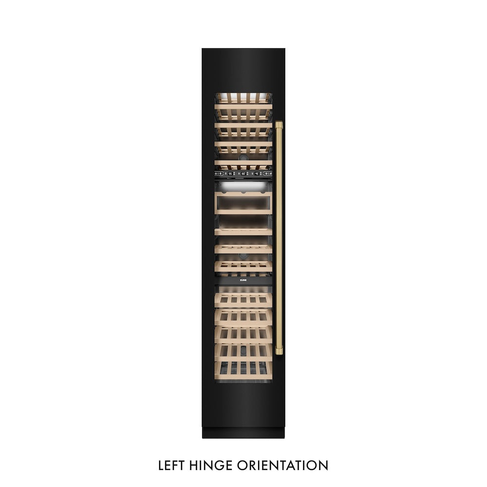 ZLINE Autograph Edition 18 in. 9.0 cu. ft. Triple Zone 68 Bottle Left Hinge Column Wine Cooler in Black Stainless Steel with Champagne Bronze Accents (RCWVLZ-BS-18-CB)