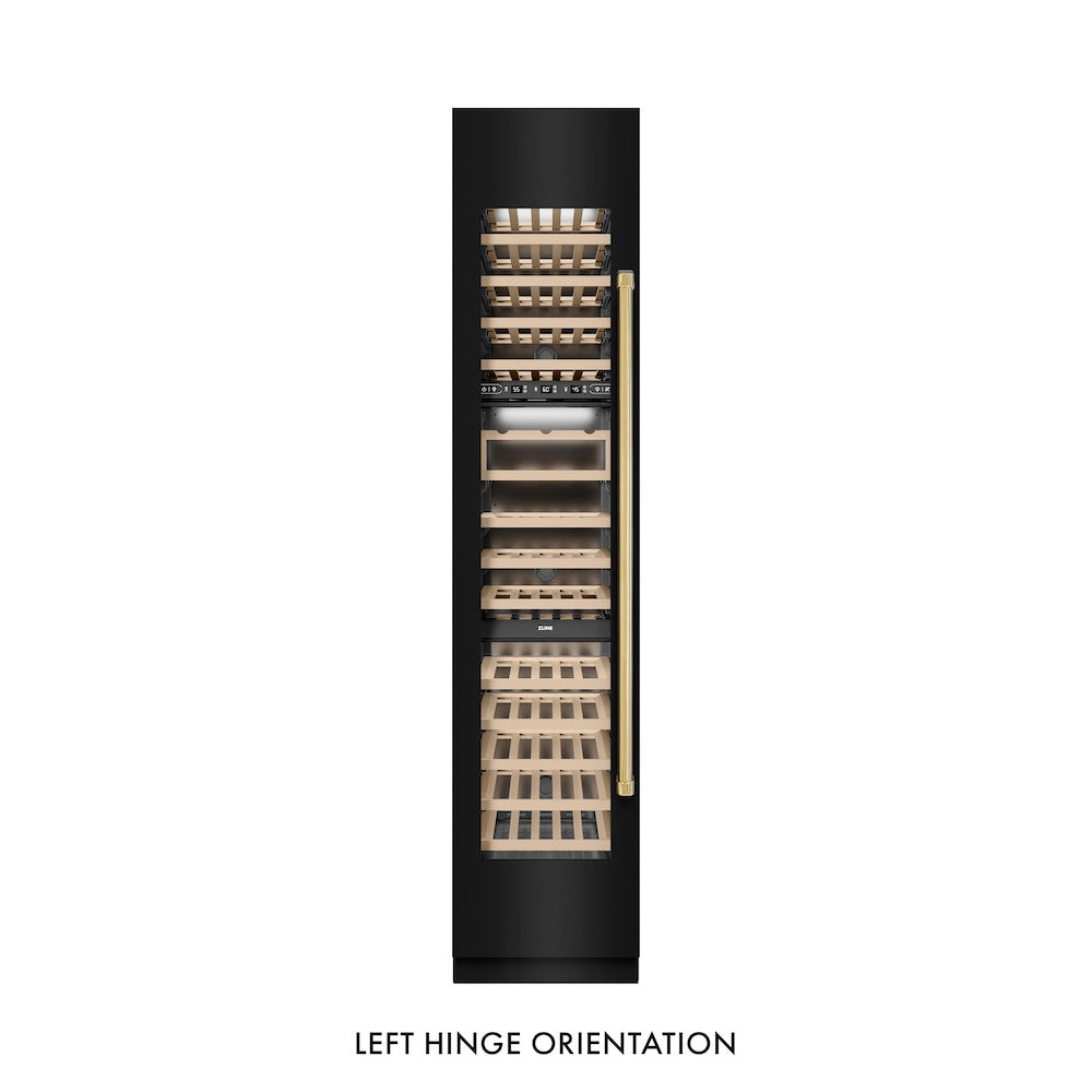 ZLINE Autograph Edition 18 in. 9.0 cu. ft. Triple Zone 68 Bottle Left Hinge Column Wine Cooler in Black Stainless Steel with Polished Gold Accents (RCWVLZ-BS-18-G)