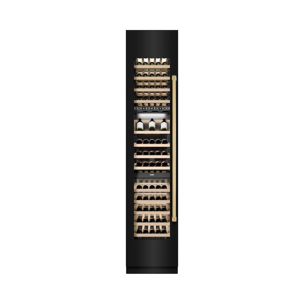 ZLINE Autograph Edition 18 in. 9.0 cu. ft. Triple Zone 68 Bottle Left Hinge Column Wine Cooler in Black Stainless Steel with Polished Gold Accents (RCWVLZ-BS-18-G)