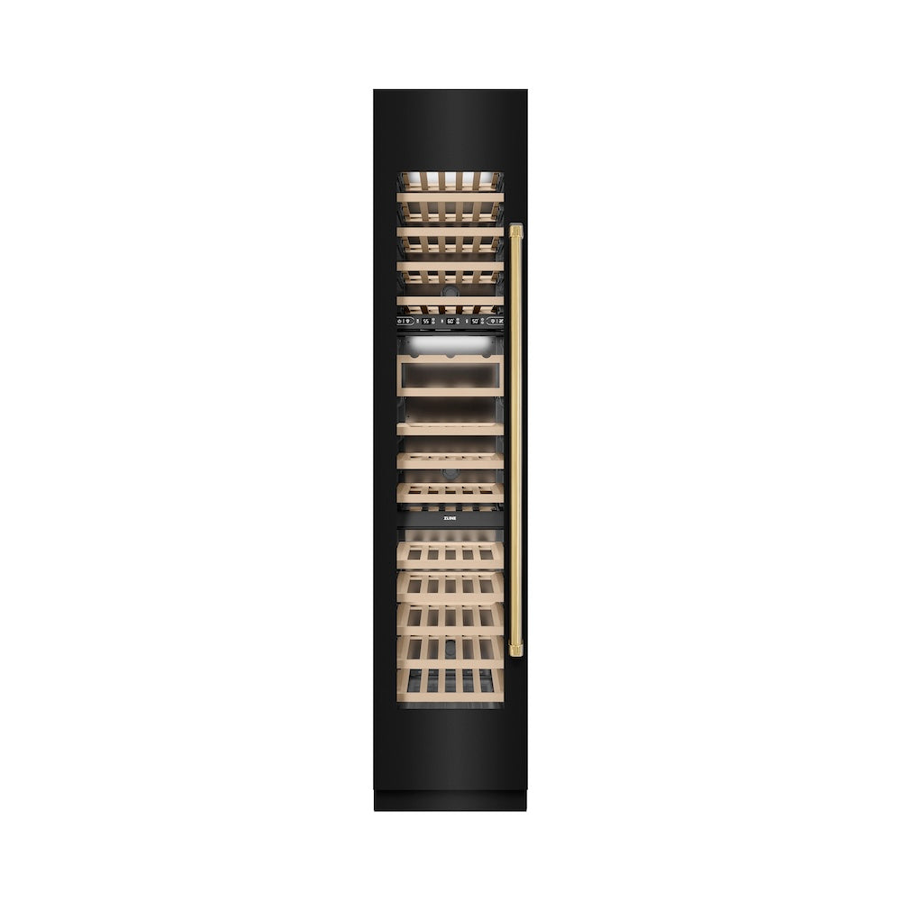 ZLINE Autograph Edition 18 in. 9.0 cu. ft. Triple Zone 68 Bottle Left Hinge Column Wine Cooler in Black Stainless Steel with Polished Gold Accents (RCWVLZ-BS-18-G)