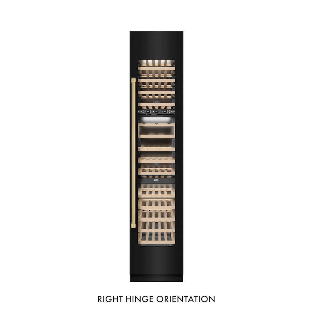 ZLINE Autograph Edition 18 in. 9.0 cu. ft. Triple Zone 68 Bottle Right Hinge Column Wine Cooler in Black Stainless Steel with Champagne Bronze Accents (RCWVRZ-BS-18-CB)