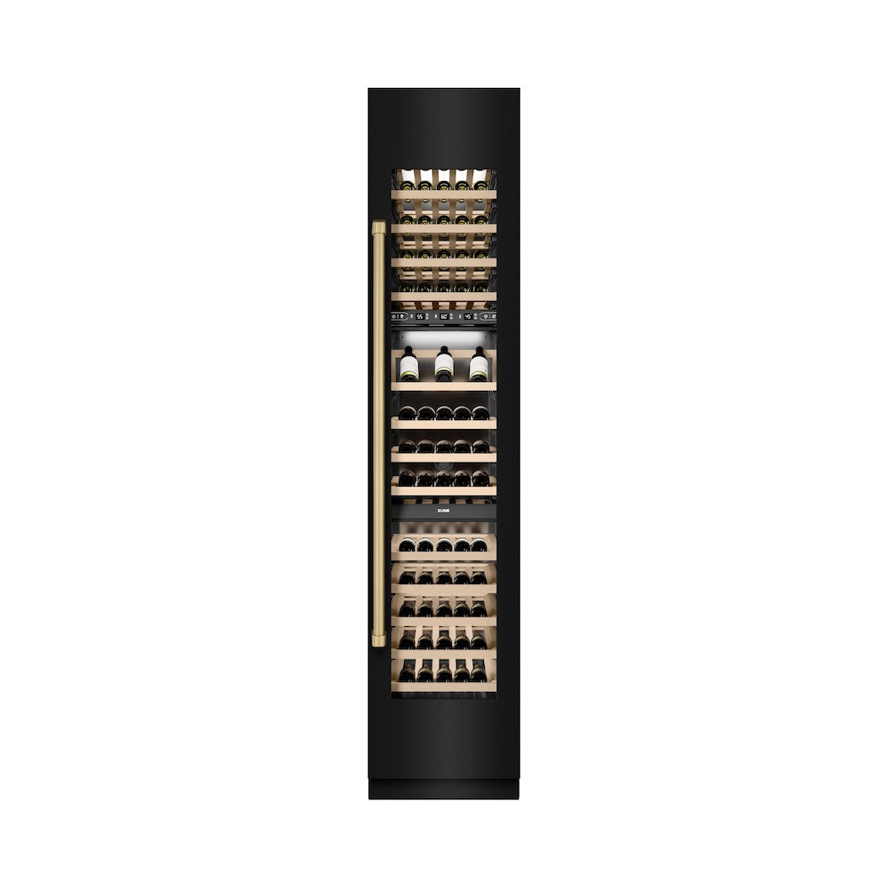 ZLINE Autograph Edition 18 in. 9.0 cu. ft. Triple Zone 68 Bottle Right Hinge Column Wine Cooler in Black Stainless Steel with Champagne Bronze Accents (RCWVRZ-BS-18-CB)