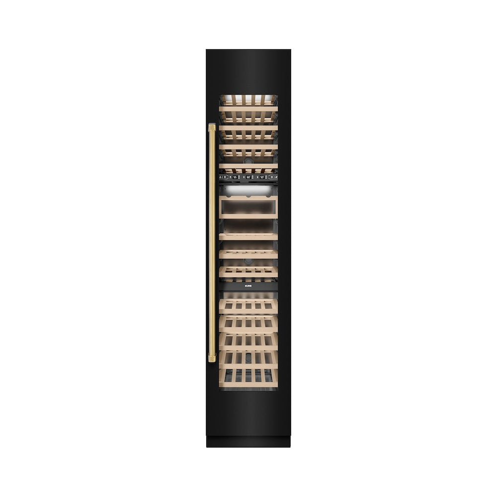 ZLINE Autograph Edition 18 in. 9.0 cu. ft. Triple Zone 68 Bottle Right Hinge Column Wine Cooler in Black Stainless Steel with Polished Gold Accents (RCWVRZ-BS-18-G)