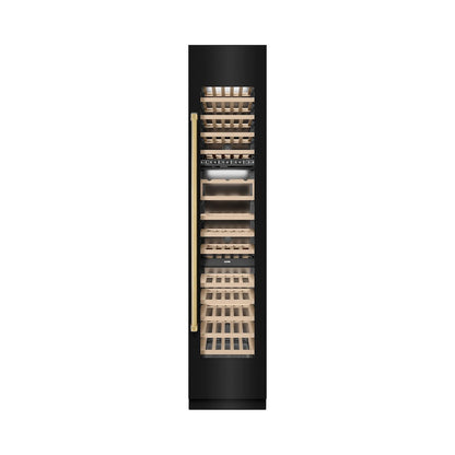 ZLINE Autograph Edition 18 in. 9.0 cu. ft. Triple Zone 68 Bottle Right Hinge Column Wine Cooler in Black Stainless Steel with Polished Gold Accents (RCWVRZ-BS-18-G)