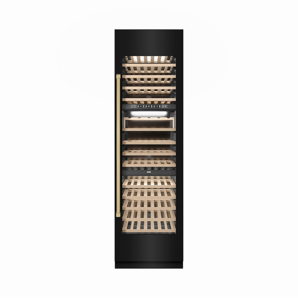 ZLINE Autograph Edition 24 in. 12.4 cu. ft. Triple Zone 100 Bottle Column Wine Cooler in Black Stainless Steel and Champagne Bronze Accents (RCWVZ-BS-24-CB)