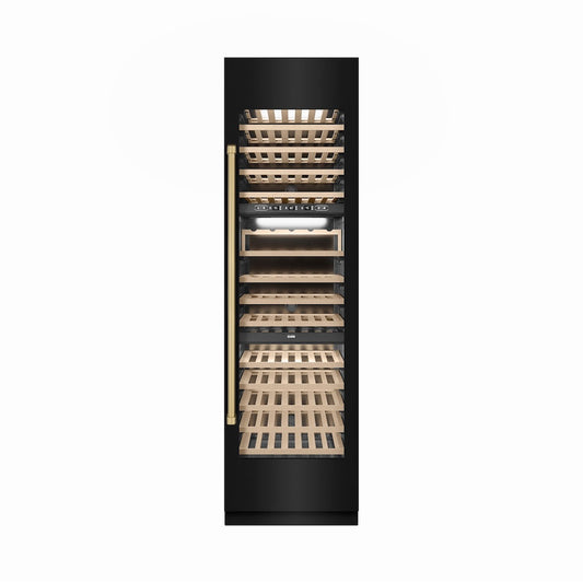 ZLINE Autograph Edition 24 in. 12.4 cu. ft. Triple Zone 100 Bottle Column Wine Cooler in Black Stainless Steel and Champagne Bronze Accents (RCWVZ-BS-24-CB)