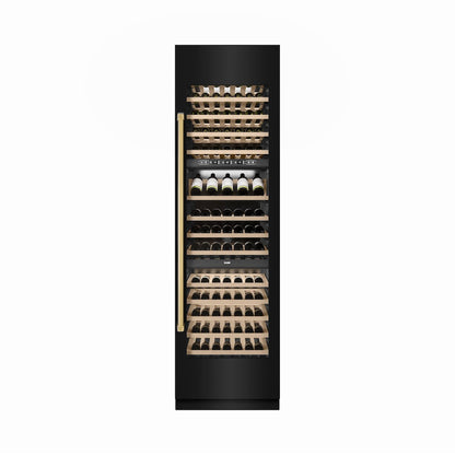 ZLINE Autograph Edition 24 in. 12.4 cu. ft. Triple Zone 100 Bottle Column Wine Cooler in Black Stainless Steel and Polished Gold Accents (RCWVZ-BS-24-G)