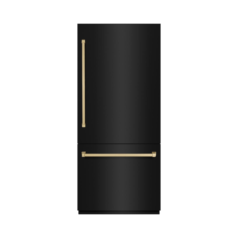 ZLINE Autograph Edition 36 in. 19.8 cu. ft. Built-In Bottom Freezer Refrigerator with Water Dispenser and Ice Maker in Black Stainless Steel with Graphite Gray Interior and Champagne Bronze Accents (GRBITZ-BS-36-CB)