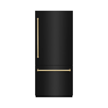 ZLINE Autograph Edition 36 in. 19.8 cu. ft. Built-In Bottom Freezer Refrigerator with Water Dispenser and Ice Maker in Black Stainless Steel with Graphite Gray Interior and Polished Gold Accents (GRBITZ-BS-36-G)