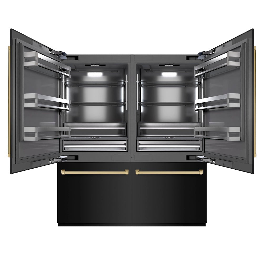 ZLINE Autograph Edition 72 in. 39.6 cu. ft. French Door Built-In Bottom Freezer Refrigerator with Water Dispensers and Ice Makers in Black Stainless Steel with Graphite Gray Interior and Champagne Bronze Accents (GRBITZ-BS-72-CB)