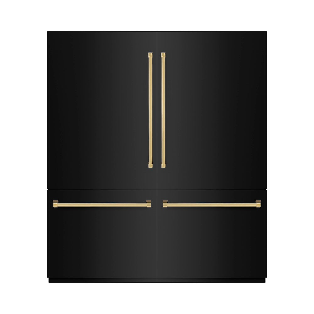 ZLINE Autograph Edition 72 in. 39.6 cu. ft. French Door Built-In Bottom Freezer Refrigerator with Water Dispensers and Ice Makers in Black Stainless Steel with Graphite Gray Interior and Polished Gold Accents (GRBITZ-BS-72-G)