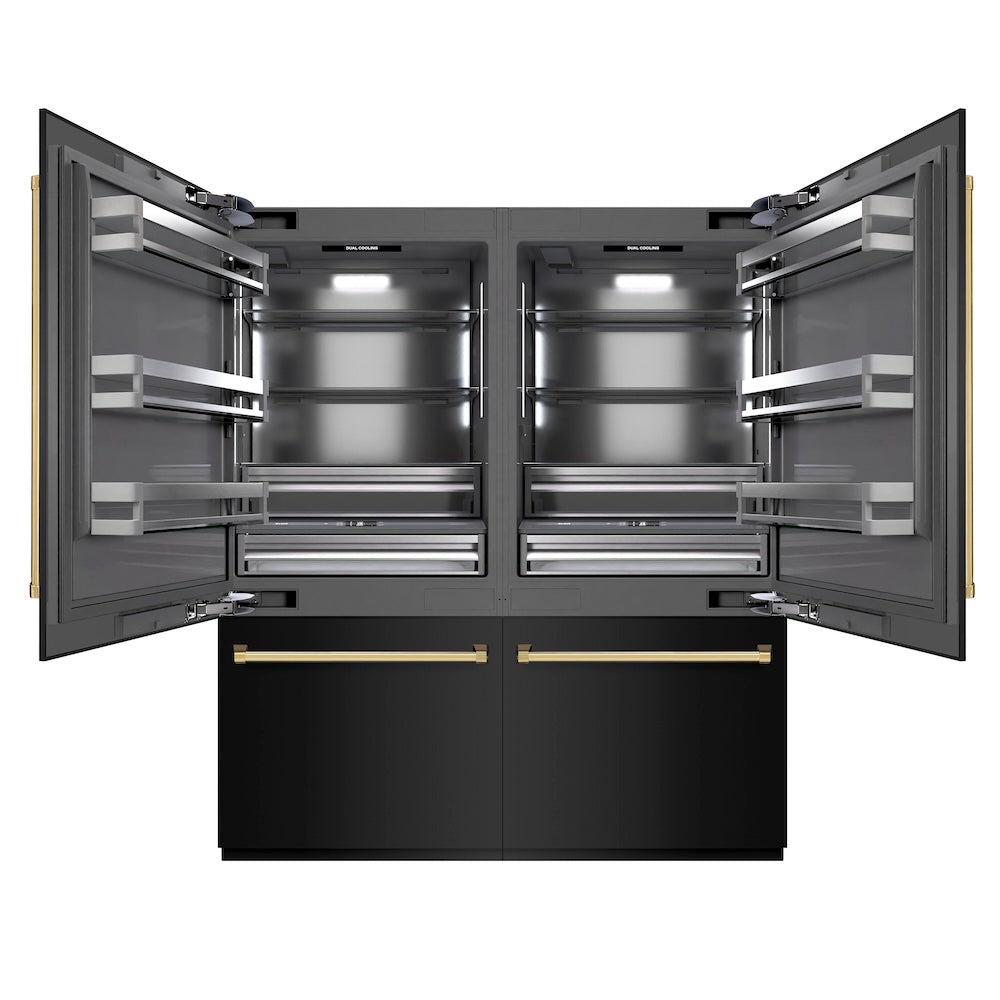 ZLINE Autograph Edition 72 in. 39.6 cu. ft. French Door Built-In Bottom Freezer Refrigerator with Water Dispensers and Ice Makers in Black Stainless Steel with Graphite Gray Interior and Polished Gold Accents (GRBITZ-BS-72-G)