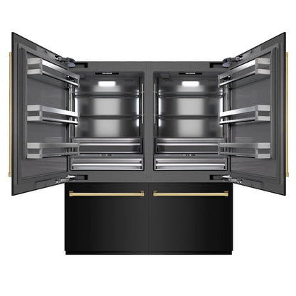 ZLINE Autograph Edition 72 in. 39.6 cu. ft. French Door Built-In Bottom Freezer Refrigerator with Water Dispensers and Ice Makers in Black Stainless Steel with Graphite Gray Interior and Polished Gold Accents (GRBITZ-BS-72-G)