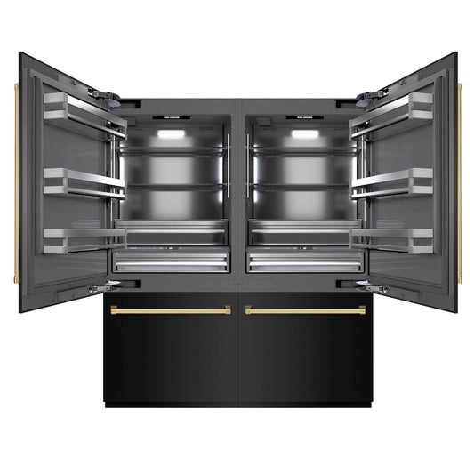 ZLINE Autograph Edition 72 in. 39.6 cu. ft. French Door Built-In Bottom Freezer Refrigerator with Water Dispensers and Ice Makers in Black Stainless Steel with Graphite Gray Interior and Polished Gold Accents (GRBITZ-BS-72-G)