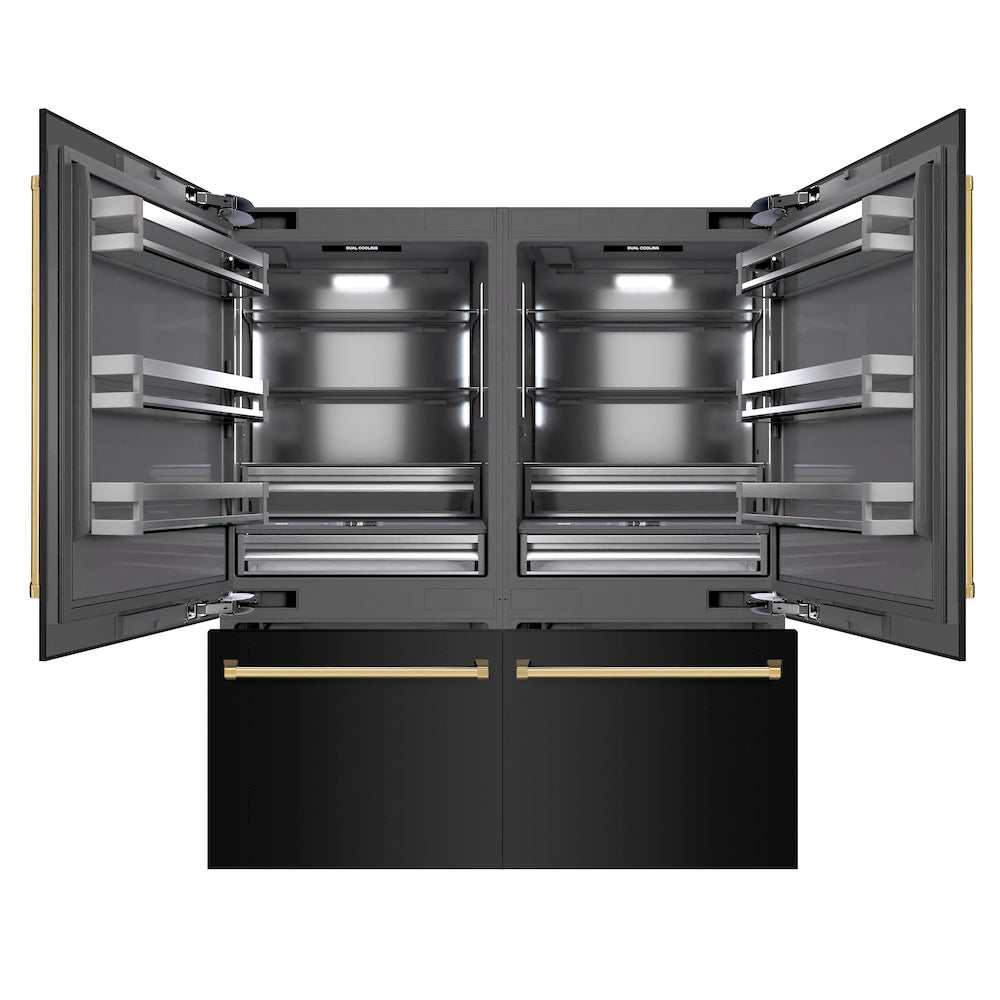 ZLINE Autograph Edition 72 in. 39.6 cu. ft. French Door Built-In Bottom Freezer Refrigerator with Water Dispensers and Ice Makers in Black Stainless Steel with Graphite Gray Interior and Polished Gold Accents (GRBITZ-BS-72-G)