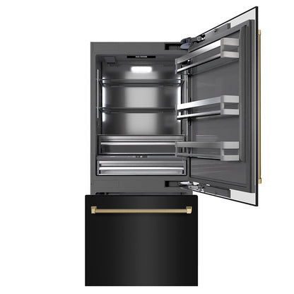 ZLINE Autograph Edition 36 in. 19.8 cu. ft. Built-In Bottom Freezer Refrigerator with Water Dispenser and Ice Maker in Black Stainless Steel with Graphite Gray Interior and Champagne Bronze Helix Handles (GRBITZ-BS36-KCB)
