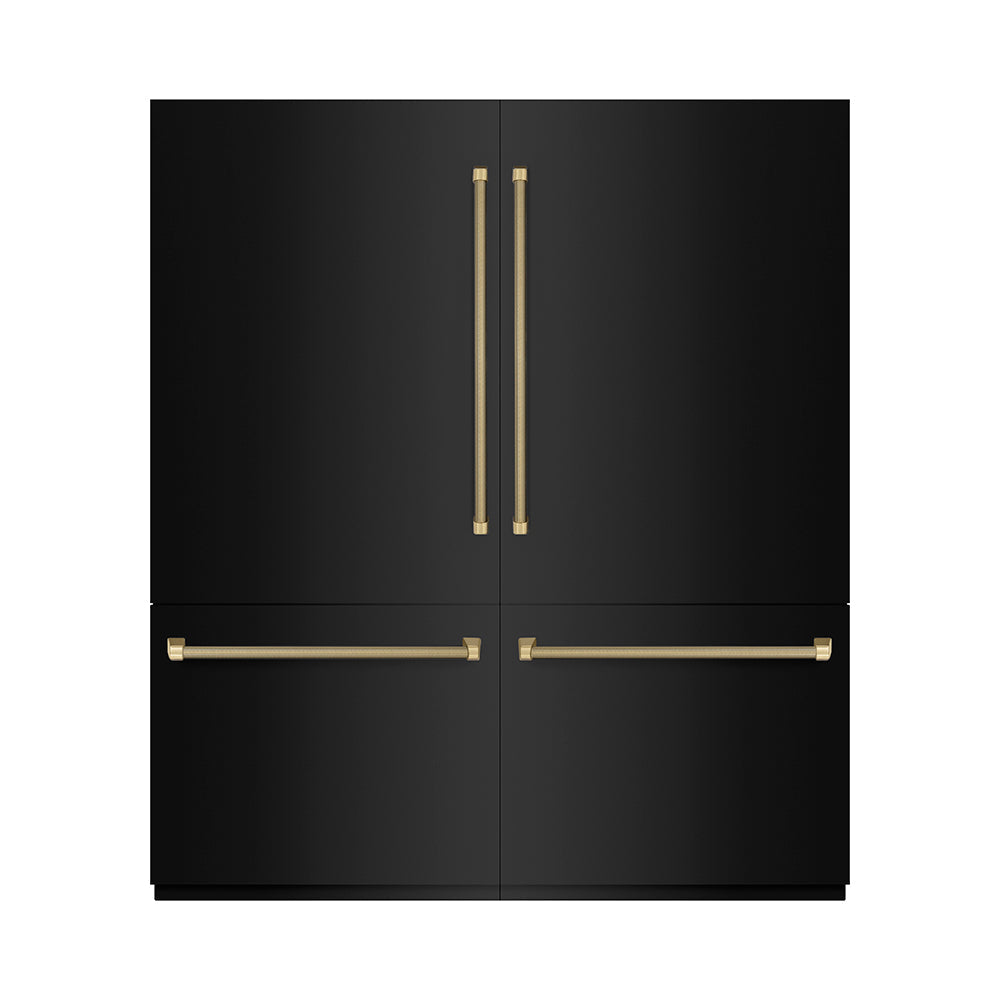 ZLINE Autograph Edition 72 in. 39.6 cu. ft. French Door Built-In Bottom Freezer Refrigerator with Water Dispensers and Ice Makers in Black Stainless Steel with Graphite Gray Interior and Champagne Bronze Helix Handles (GRBITZ-BS72-KCB)