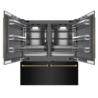 ZLINE Autograph Edition 72 in. 39.6 cu. ft. French Door Built-In Bottom Freezer Refrigerator with Water Dispensers and Ice Makers in Black Stainless Steel with Graphite Gray Interior and Champagne Bronze Helix Handles (GRBITZ-BS72-KCB)