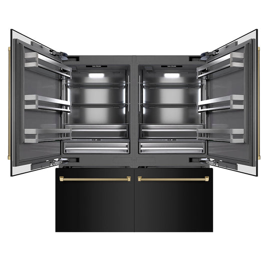 ZLINE Autograph Edition 72 in. 39.6 cu. ft. French Door Built-In Bottom Freezer Refrigerator with Water Dispensers and Ice Makers in Black Stainless Steel with Graphite Gray Interior and Champagne Bronze Helix Handles (GRBITZ-BS72-KCB)
