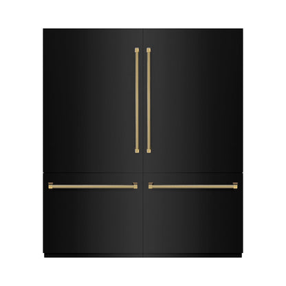 ZLINE Autograph Edition 72 in. 39.6 cu. ft. French Door Built-In Bottom Freezer Refrigerator with Water Dispensers and Ice Makers in Black Stainless Steel with Graphite Gray Interior and Polished Gold Helix Handles (GRBITZ-BS-72-KG)