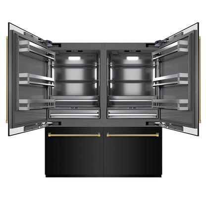 ZLINE Autograph Edition 72 in. 39.6 cu. ft. French Door Built-In Bottom Freezer Refrigerator with Water Dispensers and Ice Makers in Black Stainless Steel with Graphite Gray Interior and Polished Gold Helix Handles (GRBITZ-BS-72-KG)