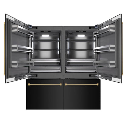 ZLINE Autograph Edition 72 in. 39.6 cu. ft. French Door Built-In Bottom Freezer Refrigerator with Water Dispensers and Ice Makers in Black Stainless Steel with Graphite Gray Interior and Polished Gold Helix Handles (GRBITZ-BS-72-KG)