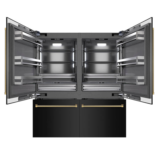 ZLINE Autograph Edition 72 in. 39.6 cu. ft. French Door Built-In Bottom Freezer Refrigerator with Water Dispensers and Ice Makers in Black Stainless Steel with Graphite Gray Interior and Polished Gold Helix Handles (GRBITZ-BS-72-KG)