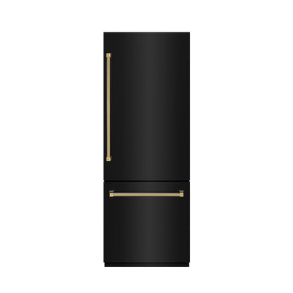 ZLINE Autograph Edition 30 in. 16.1 cu. ft. Built-In Bottom Freezer Refrigerator with Water Dispenser and Ice Maker in Black Stainless Steel with Graphite Gray Interior and Polished Gold Helix Handles (GRBIVZ-BS30KG)
