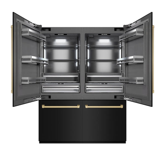 ZLINE Autograph Edition 60 in. 32.2 cu. ft. French Door Built-In Bottom Freezer Refrigerator with Water Dispenser and Ice Maker in Black Stainless Steel with Graphite Gray Interior and Champagne Bronze Accents (GRBIVZ-BS-60-CB)