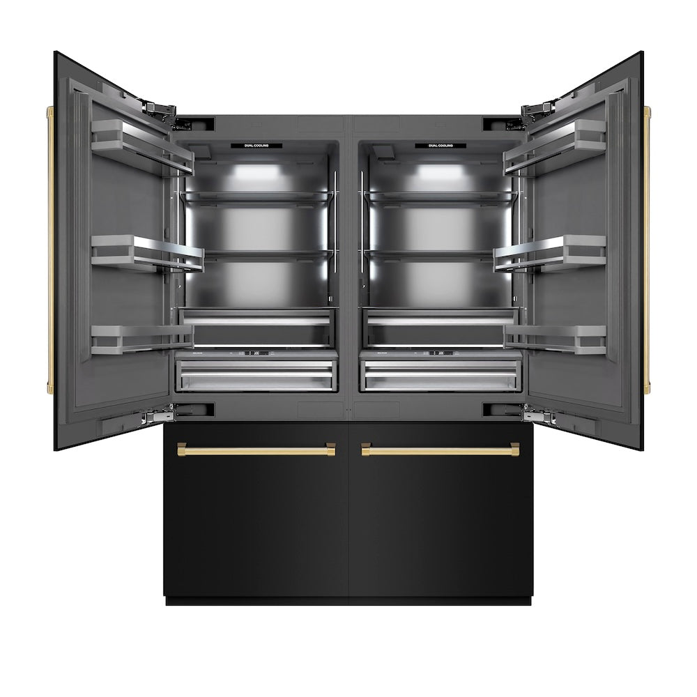 ZLINE Autograph Edition 60 in. 32.2 cu. ft. French Door Built-In Bottom Freezer Refrigerator with Water Dispenser and Ice Maker in Black Stainless Steel with Graphite Gray Interior and Polished Gold Accents (GRBIVZ-BS-60-G)