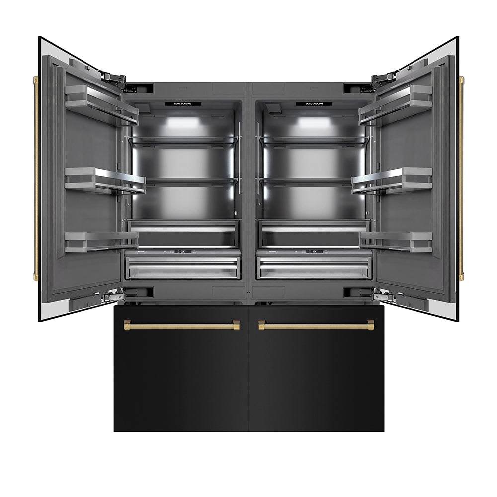 ZLINE Autograph Edition 60 in. 32.2 cu. ft. French Door Built-In Bottom Freezer Refrigerator with Water Dispenser and Ice Maker in Black Stainless Steel with Graphite Gray Interior and Polished Gold Helix Handles (GRBIVZ-BS60KG)
