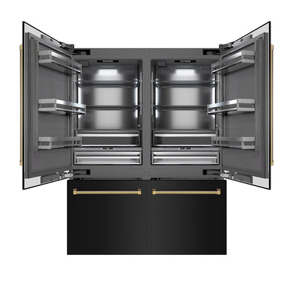 ZLINE Autograph Edition 60 in. 32.2 cu. ft. French Door Built-In Bottom Freezer Refrigerator with Water Dispenser and Ice Maker in Black Stainless Steel with Graphite Gray Interior and Polished Gold Helix Handles (GRBIVZ-BS60KG)