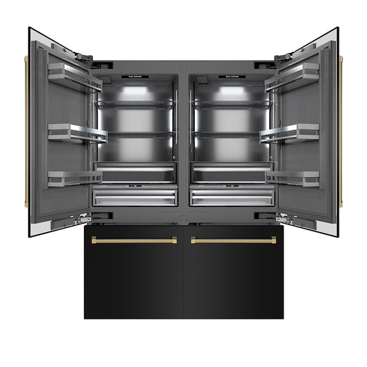 ZLINE Autograph Edition 60 in. 32.2 cu. ft. French Door Built-In Bottom Freezer Refrigerator with Water Dispenser and Ice Maker in Black Stainless Steel with Graphite Gray Interior and Polished Gold Helix Handles (GRBIVZ-BS60KG)