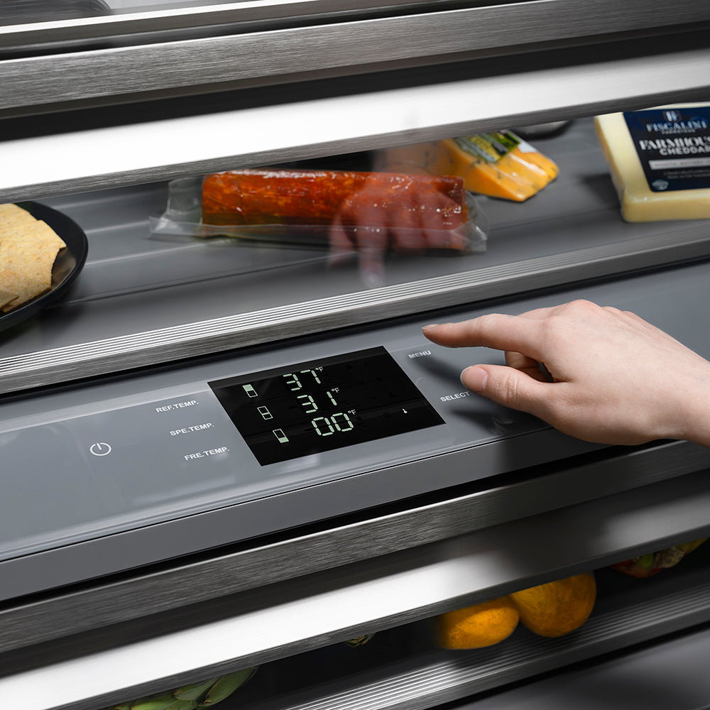 ZLINE Autograph Edition 30 in. 16.1 cu. ft. Built-In Bottom Freezer Refrigerator with Water Dispenser and Ice Maker in Black Stainless Steel with Graphite Gray Interior and Champagne Bronze Helix Handles (GRBIVZ-BS30KCB)