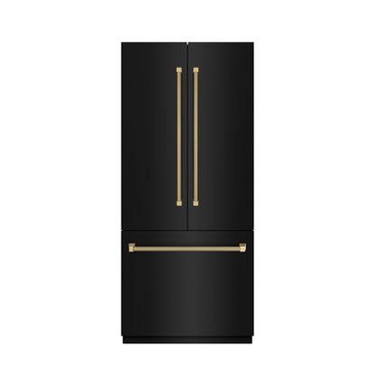 ZLINE Autograph Edition 36 in. 19.6 cu. ft. French Door Built-In Bottom Freezer Refrigerator with Water Dispenser and Ice Maker in Black Stainless Steel with Graphite Gray Interior and Champagne Bronze Helix Handles (GRBIVZ-BS36KCB)