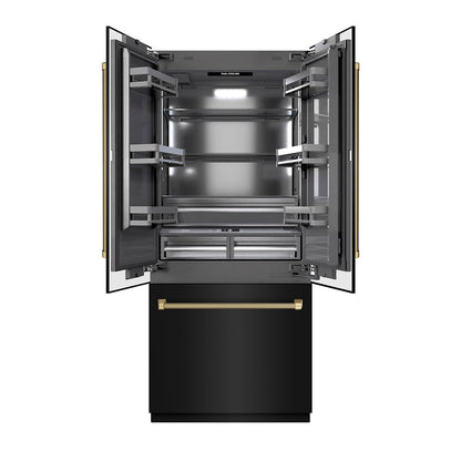 ZLINE Autograph Edition 36 in. 19.6 cu. ft. French Door Built-In Bottom Freezer Refrigerator with Water Dispenser and Ice Maker in Black Stainless Steel with Graphite Gray Interior and Champagne Bronze Helix Handles (GRBIVZ-BS36KCB)