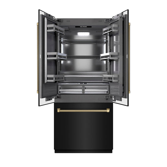 ZLINE Autograph Edition 36 in. 19.6 cu. ft. French Door Built-In Bottom Freezer Refrigerator with Water Dispenser and Ice Maker in Black Stainless Steel with Graphite Gray Interior and Champagne Bronze Helix Handles (GRBIVZ-BS36KCB)