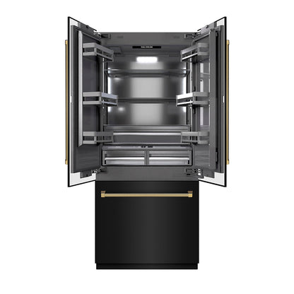 ZLINE Autograph Edition 36 in. 19.6 cu. ft. French Door Built-In Bottom Freezer Refrigerator with Water Dispenser and Ice Maker in Black Stainless Steel with Graphite Gray Interior and Polished Gold Helix Handles (GRBIVZ-BS36KG)