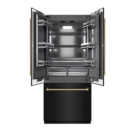 ZLINE Autograph Edition 36 in. 19.6 cu. ft. French Door Built-In Bottom Freezer Refrigerator with Water Dispenser and Ice Maker in Black Stainless Steel with Graphite Gray Interior and Polished Gold Helix Handles (GRBIVZ-BS36KG)