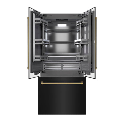 ZLINE Autograph Edition 36 in. 19.6 cu. ft. French Door Built-In Bottom Freezer Refrigerator with Water Dispenser and Ice Maker in Black Stainless Steel with Graphite Gray Interior and Polished Gold Helix Handles (GRBIVZ-BS36KG)