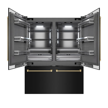ZLINE Autograph Edition 60 in. 32.2 cu. ft. French Door Built-In Bottom Freezer Refrigerator with Water Dispenser and Ice Maker in Black Stainless Steel with Graphite Gray Interior and Champagne Bronze Helix Handles (GRBIVZ-BS60KCB)