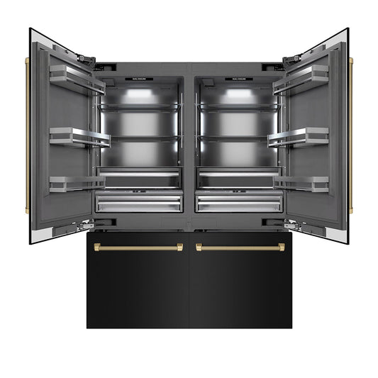 ZLINE Autograph Edition 60 in. 32.2 cu. ft. French Door Built-In Bottom Freezer Refrigerator with Water Dispenser and Ice Maker in Black Stainless Steel with Graphite Gray Interior and Champagne Bronze Helix Handles (GRBIVZ-BS60KCB)