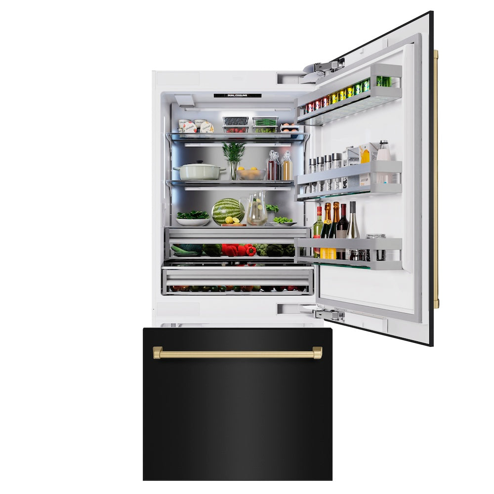 ZLINE Autograph Edition 36 in. 19.8 cu. ft. Built-In Bottom Freezer Refrigerator with Water Dispenser and Ice Maker in Black Stainless Steel and Champagne Bronze Accents (RBITZ-BS-36-CB)