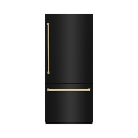 ZLINE Autograph Edition 36 in. 19.8 cu. ft. Built-In Bottom Freezer Refrigerator with Water Dispenser and Ice Maker in Black Stainless Steel and Polished Gold Accents (RBITZ-BS-36-G)