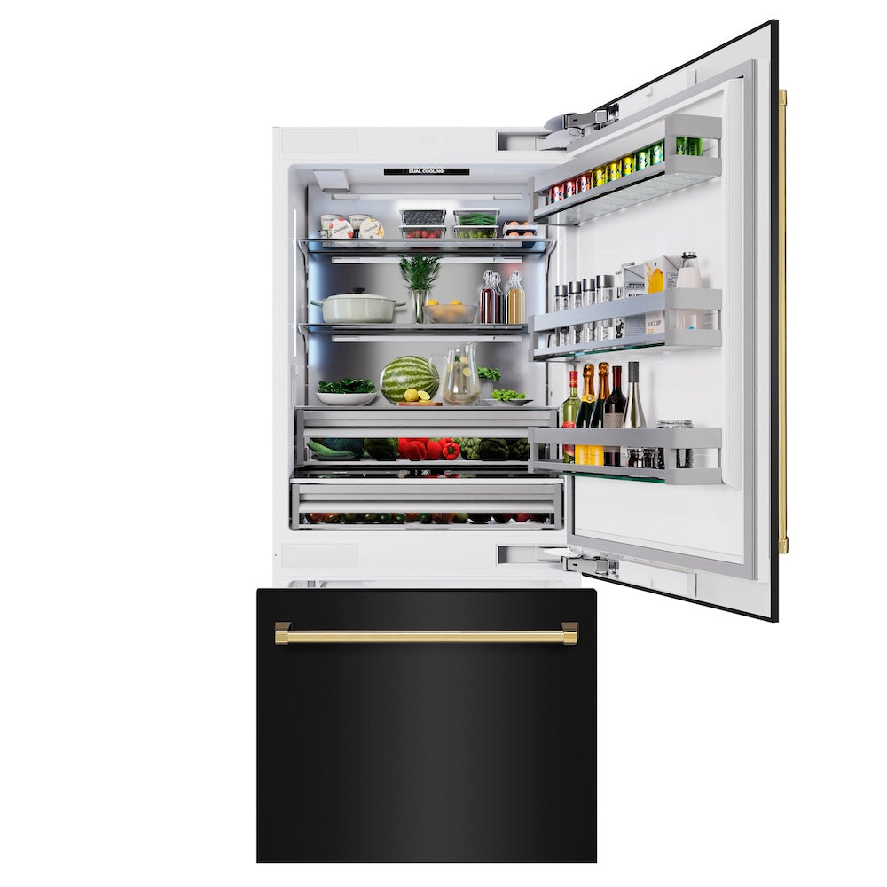ZLINE Autograph Edition 36 in. 19.8 cu. ft. Built-In Bottom Freezer Refrigerator with Water Dispenser and Ice Maker in Black Stainless Steel and Polished Gold Accents (RBITZ-BS-36-G)
